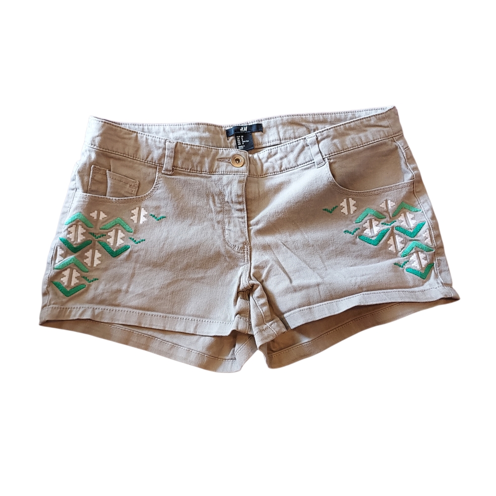 H&M Beige Jean Shorts with Turquoise Embroidery